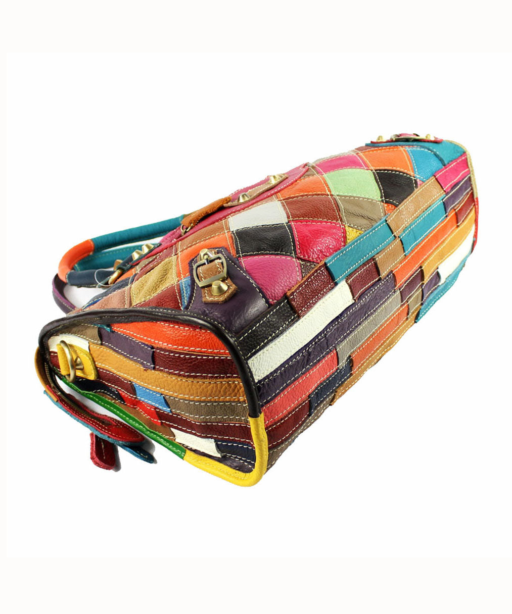 Elegant Colorblock Rivet Zippered Patchwork Calf Leather Tote BAG